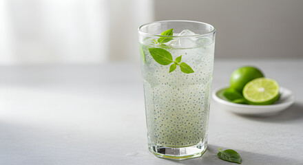 Refreshing Basil Seed Drink With Lime On A Clean Minimalist Background