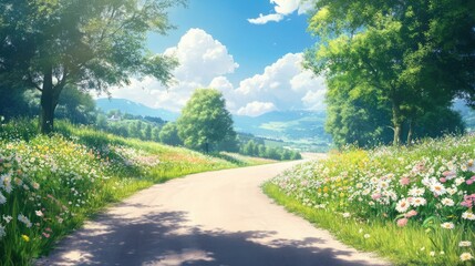 Obraz premium Sunny Spring Road through Wildflower Meadow, Picturesque Landscape