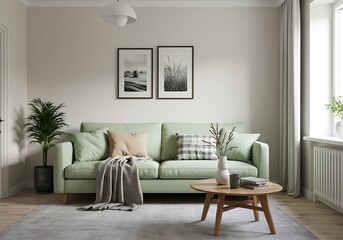 Living room interior with light green sofa, pillows, and round wooden table