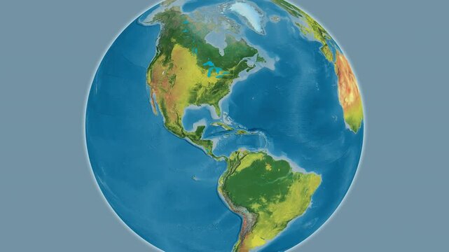 Cuba on the globe. Outline. Topographic map. No labels
