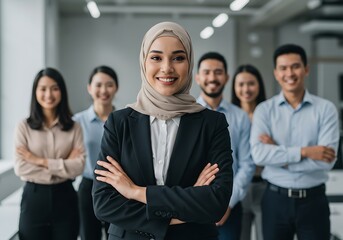 Obraz premium Diverse business team with smiling woman wearing hijab in foreground