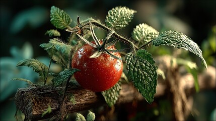 Obraz premium Vibrant tomato on vine with lush green leaves