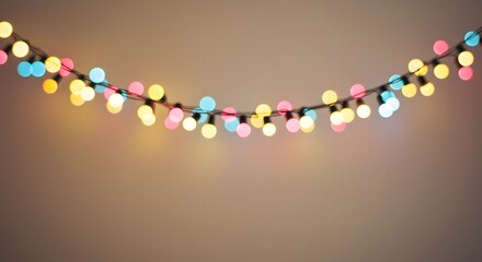 Colorful string lights bokeh on neutral background, abstract holiday mood