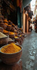 Moroccan spice market with vibrant colors.