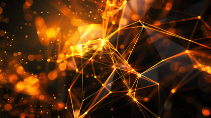 A complex network of glowing orange lines and dots against a dark background with bokeh effects
