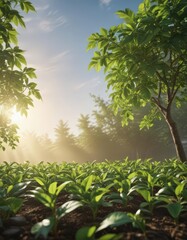 Obraz premium Vibrant green coffee seedlings reaching sunlight , bright, rural