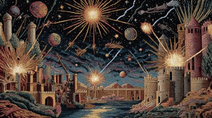 Naklejka premium Futuristic spaceships are attacking a medieval fortified city with explosions and planets visible in the night sky, creating a surreal and fantastical scene of science fiction and fantasy