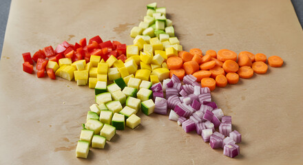 Five Pointed Star Composed of Diced Fresh Vegetables on Cutting Board