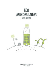 Vector cartoon sketch of wind turbines and green house. Environmentally friendly planet concept. Zero waste Concept. Think Green.	