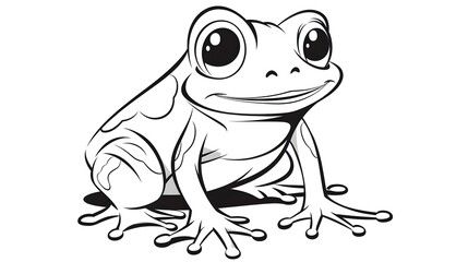 Professional hand-drawn black and white cartoon of a joyful frog character