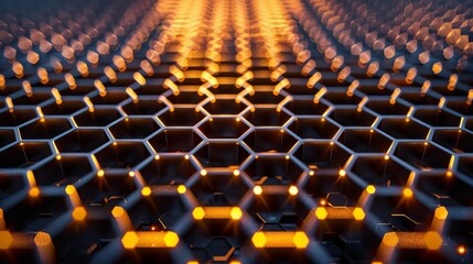 Fototapeta premium Futuristic digital backdrop featuring a glowing hexagonal grid with orange light on dark background