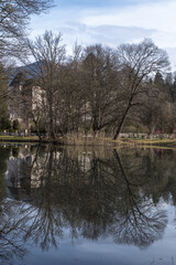 Teich im Schlosspark Matzen mit Spiegelung von Bäumen