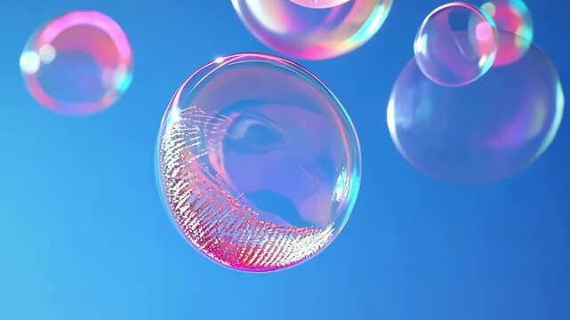 floating iridescent soap bubbles against bright blue sky, abstract colorful background with circular forms