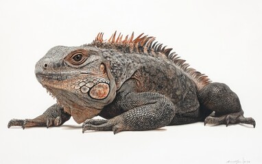 Fototapeta premium Large iguana, gray-brown scales, profile view, on white background. Detailed skin texture, sharp claws, alert gaze
