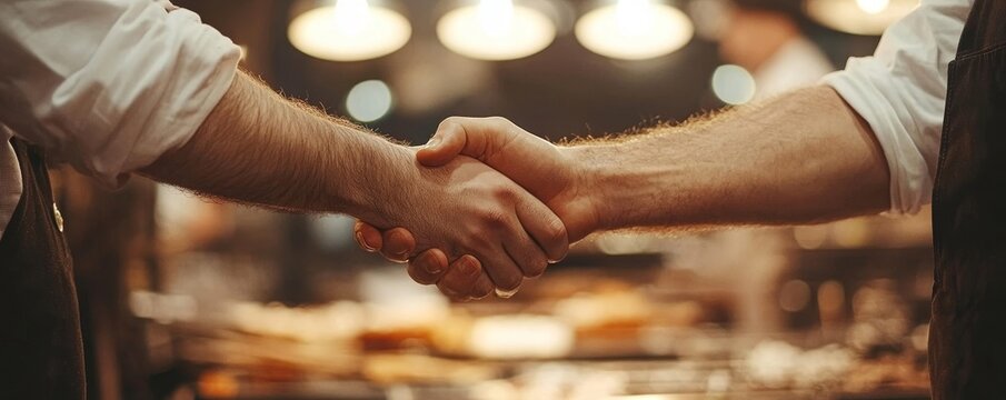 A close-up shot captures the essence of a successful partnership, two hands clasped together in a firm handshake, symbolizing a deal or agreement within a professional environment.