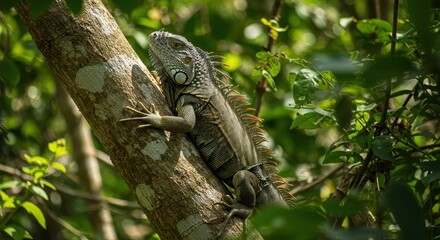 Obraz premium Green Iguana in Lush Rainforest Habitat