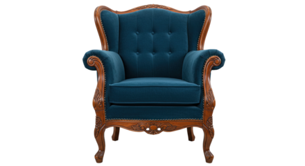 Dark teal velvet upholstered armchair with a richly carved wooden frame.  A classic piece of furniture.