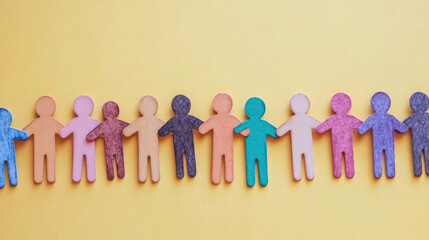 Colorful wooden cutout people holding hands against a yellow background