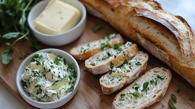 Plate of bread with butter and a bowl of herb dip