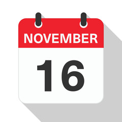 Fototapeta premium November 16 Daily Calendar. Red Theme on White Background