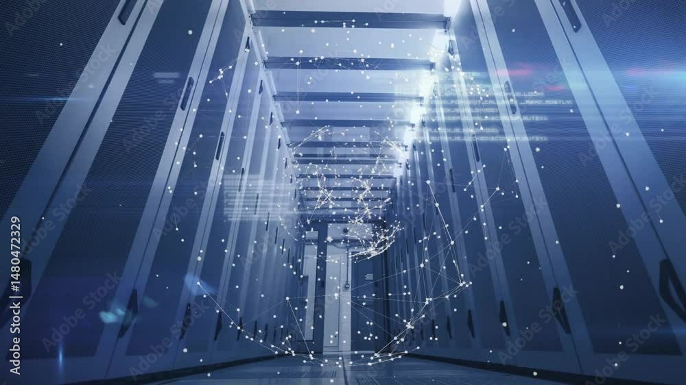 Poster Floating translucent 3D network sphere hovering between server racks, displaying code text overlays