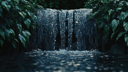 A small waterfall cascades over rocks, surrounded by lush green foliage