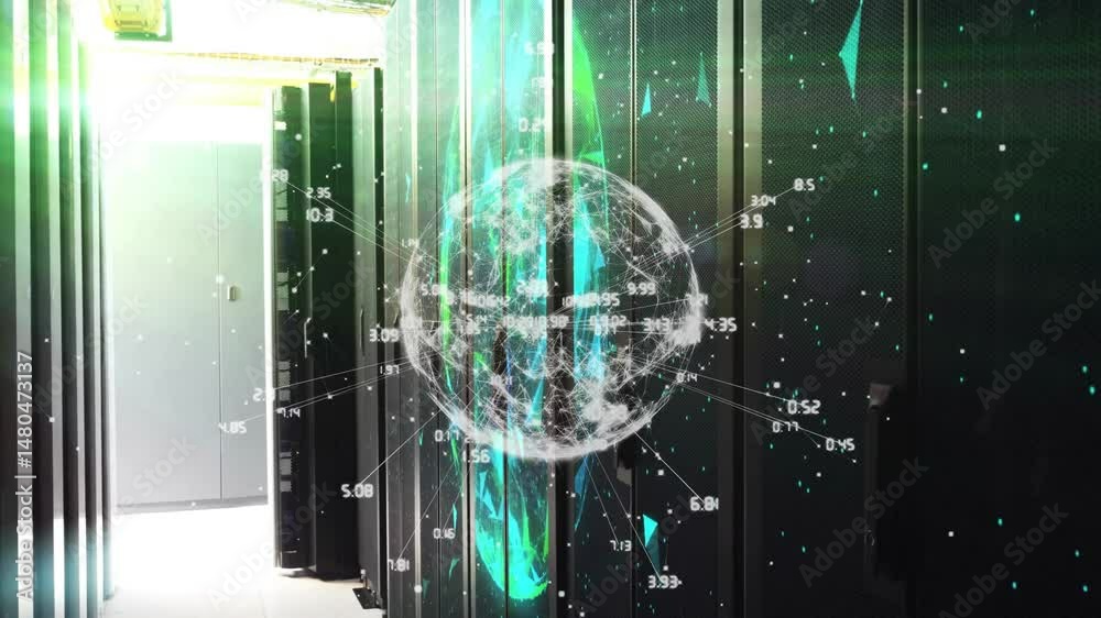 Poster 3d render holographic globe floating above server racks, streaming connection lines and data labels