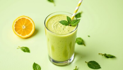 Fototapeta premium bright vibrant fruit smoothie in a minimalist style, using lemon basil and soft lime shades, crisp contours, airy layout, lively aesthetic, high resolution