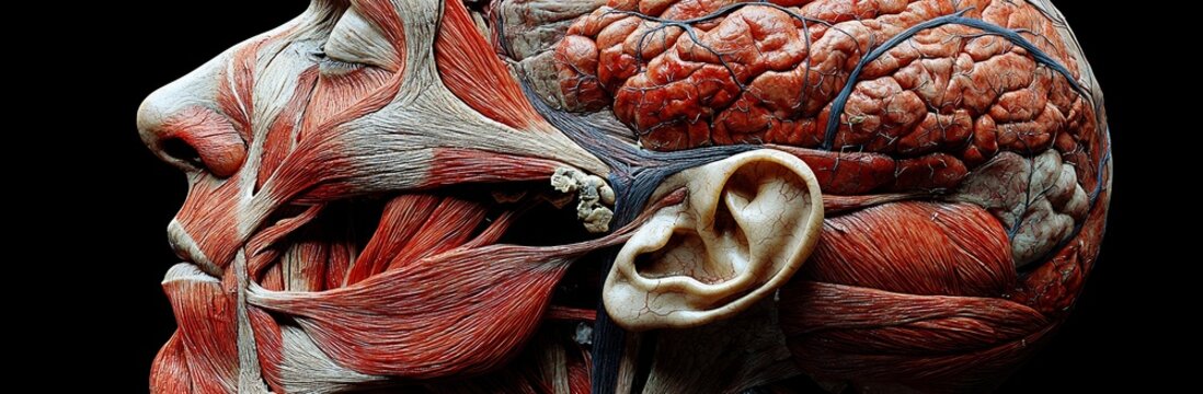 A 3D render illustrates the anatomy of muscles in the human male body from multiple angles, including front, side, and perspective