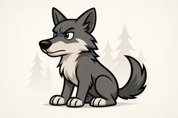 A cartoon wolf with a focused expression, staring into the distance as if tracking an unseen prey, minimal forest shapes in the background on a light gray backdrop