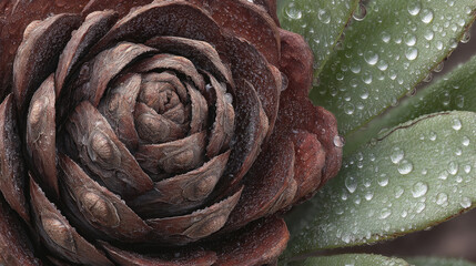 Close-up of a succulent with water droplets on its petals and leaves