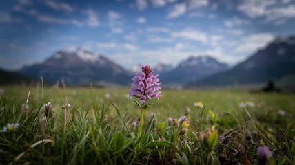 Fragrant Orchid in Alpine Meadow with Distant Mountains Under a Cloudy Sky