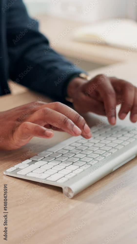 Poster hands, business and man with keyboard, typing and internet with copywriting, creativity and research