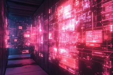 Fototapeta premium A mesmerizing high-tech data center glows with vibrant pink and blue lights, presenting a modern, futuristic technology hub.