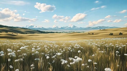 A vast field of white flowers with rolling hills and distant mountains under a blue sky