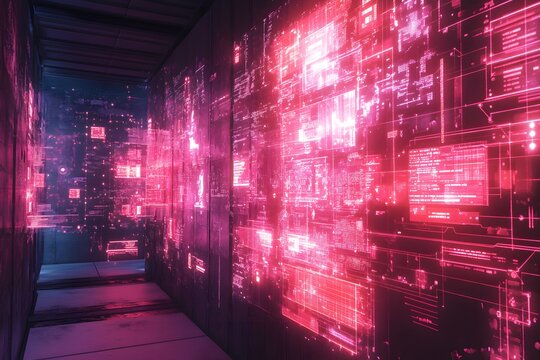 A mesmerizing high-tech data center glows with vibrant pink and blue lights, presenting a modern, futuristic technology hub.