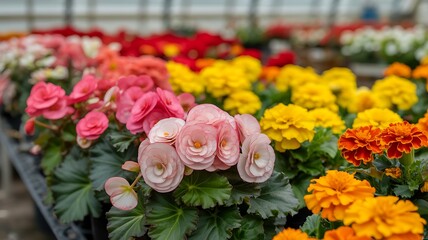 Obraz premium Closeup display of various flower colors and types in a greenhouse setting