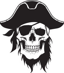 Pirate skull wearing hat and eyepatch black and white