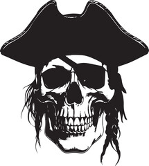 Pirate skull wearing hat and eyepatch black and white