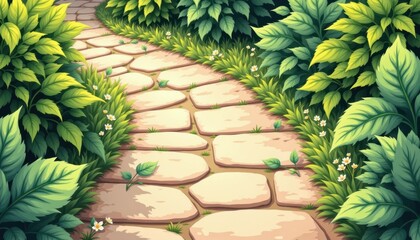 Fototapeta premium charming stone path in an illustrative style, using sandstone and leaf green palette, gentle curves, textured leaves, calm atmosphere, high resolution