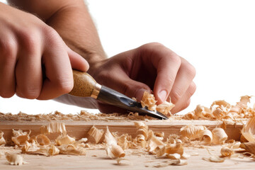 Craftsman chiseling wood shavings with a hand tool in a workshop during daylight hours