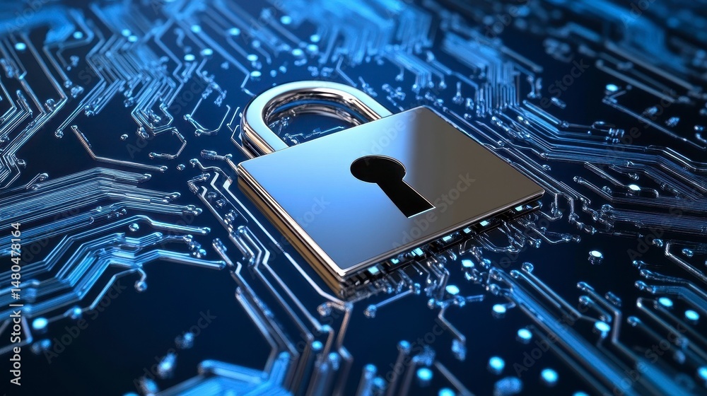 Poster Close-up of a metallic padlock on a circuit board, symbolizing cybersecurity and data protection.