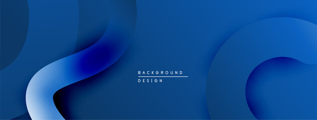 Abstract blue layers create dynamic background. Smooth gradients, flowing shapes, modern design elements present. Minimalist aesthetic.