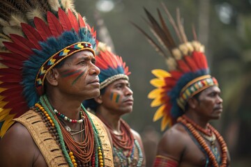 Fototapeta premium Amazonian Tribe Members in Traditional Attire With Feathers Generative AI