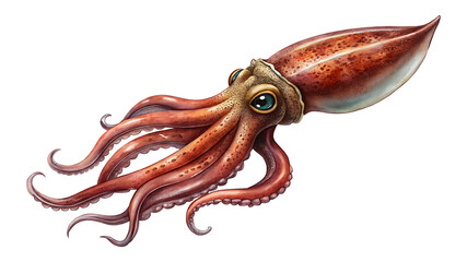 Fototapeta premium Detailed Illustration of a Squid with Prominent Tentacles on a transparent Background