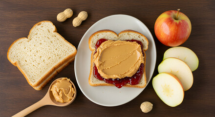 Classic Peanut Butter And Jelly Sandwich With Fresh Apple And Peanuts