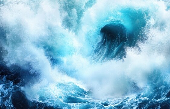 Powerful ocean waves crashing, a swirling vortex of turquoise and white.  Vast, frothy water, dark depths