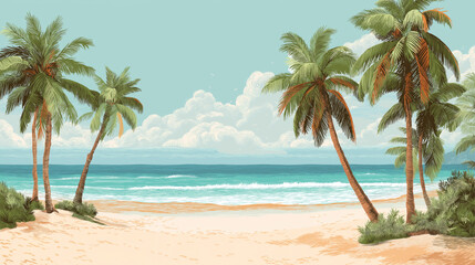 A serene beach scene with palm trees, gentle waves, and a cloudy sky