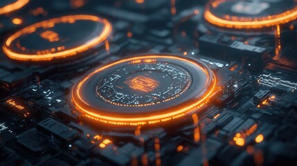 Close up of futuristic circuit board with glowing orange rings, showcasing advanced technology and complex data processing. Concept for innovation, connectivity and digital solutions.