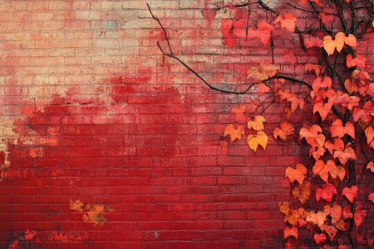 Autumnal brick wall with vibrant red and orange leaves cascading down.  The wall shows signs of age, with faded paint and varied colors